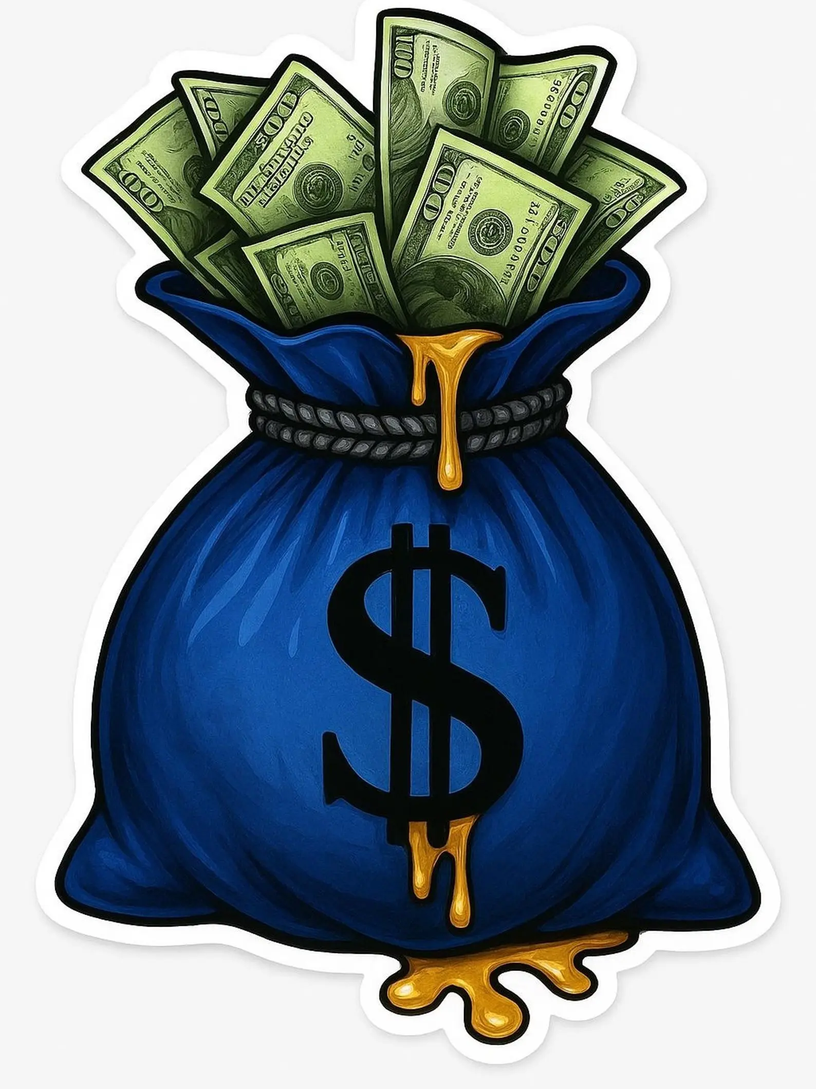 Royal Blue Money Bag Sticker Realistic Cash Sack with Dollar Bills Overflowing, Dripping Gold Accent Wealth Luxury Vinyl Cut Decal Sticker