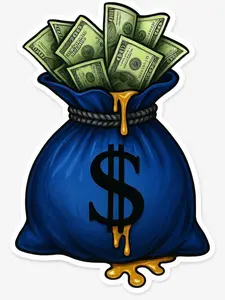 Royal Blue Money Bag Sticker Realistic Cash Sack with Dollar Bills Overflowing, Dripping Gold Accent Wealth Luxury Vinyl Cut Decal Sticker