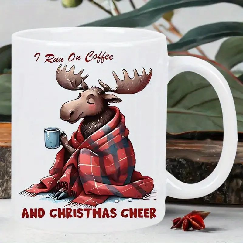 Ceramic Moose Coffee Mug with "I Run on Coffee and Christmas Cheer" Quote - Insulated Reusable Cup, No Assembly Required, Ideal Holiday Gift Drinkware White