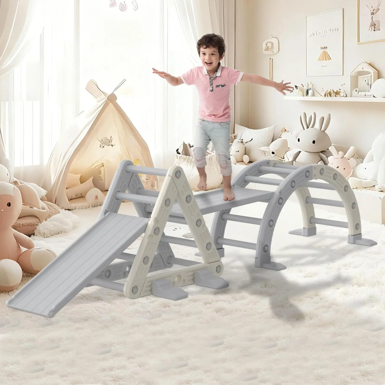 9-in-1 Indoor Playground Jungle Gym Playset, HDPE PP Plastic Climbing Set, Durable 1-8 Toddler Climbing Toys Indoor with Arch, Ramp, Ladder & Slide