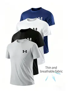4-Piece Short Sleeve Set, Sporty Fitness Wear, Simple Logo Print, Quick-Dry Breathable Fabric, Unisex, All Seasons