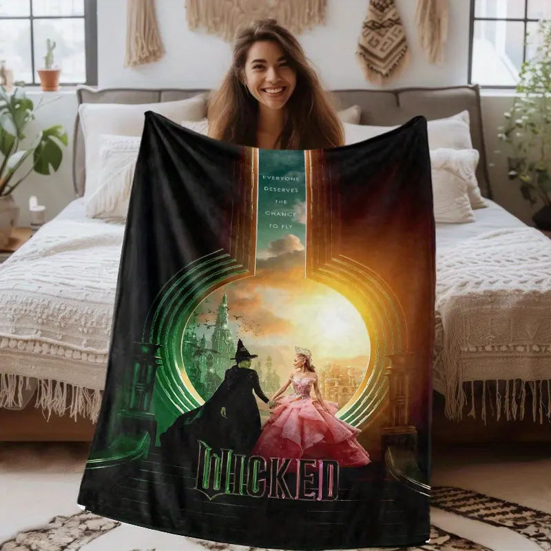Wicked Witch Themed Retro Printed Cotton Flannel Blanket - Wrinkle Resistant, Soft, Durable, Breathable, Machine Washable, All-Season, Ideal for Office & Travel, Great Gift for Loved Ones