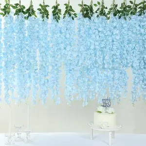 Artificial Silk Hanging Wisteria Flower Garland Vines in Light Blue, 5 Full Strands in 1 Bush - 42"