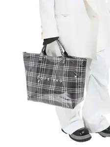 English Style Plaid Pattern Tote Bag, Glossy PVC Material Sturdy Handles Large Capacity Waterproof Handbag, Daily Use Travel Outing Large Bag