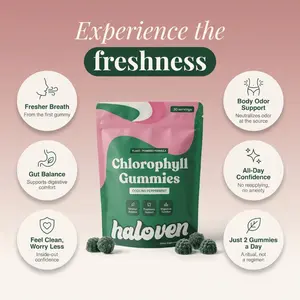 Haloven Chlorophyll Gummies - Cooling Peppermint, 100MG Chlorophyllin, Vegan, Non-GMO, No Artificial Dyes. Freshness From The Inside Out. 60 Gummies Edible Dietary Supplements Health Supplement Natural Leaf