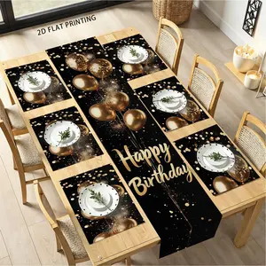 2D flat printing, set of 1 piece/4 pieces/6 pieces/5 pieces/7 pieces, elegant golden balloon happy birthday table flag and placemat set, black and gold birthday party table decoration, linen fabric, washable and durable