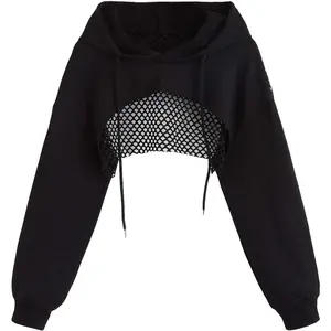Women's Sports Cropped Sweatshirt Hollow Out Crop Tops Drop Shoulder Drawstring Pullover Cropped Hoodie