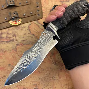 Outdoor knife, tactical knife, hunting knife, high-end polished mirror, 8cr13 steel, forged steel texture，Skull, wearing leather knife sheath