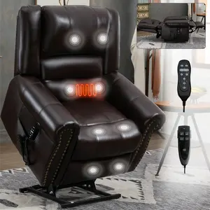 Leather & Chenille Power Lift Recliner Sofa Chair Up to 350 LBS Heavy Duty with 8-Point Vibration Massage & Lumbar Heat USB Type-C Ports & Stainless Steel Cup Holders for Gentle Relaxation living  room  furniture Ergonomic High Back Office
