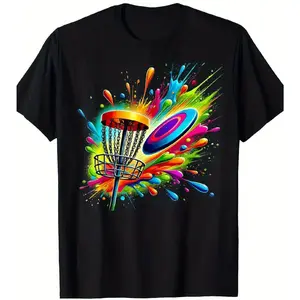 Men's Vibrant Disc Golf Pattern T-Shirt - Colorful Splash Design, 100% Cotton, Casual Sports Style, Perfect for Players and Fans, Lightweight Moisture-Wicking Breathable Fabric Casual Short-Sleeve Fun Shirts Classic Cotton Tee Men's T-Shirts