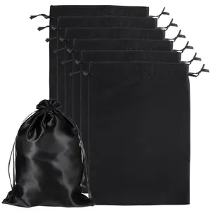 6 count Black Wig Bags with Satin Drawstring, Silk Wig Storage Bags for Wigs Extension Bundle