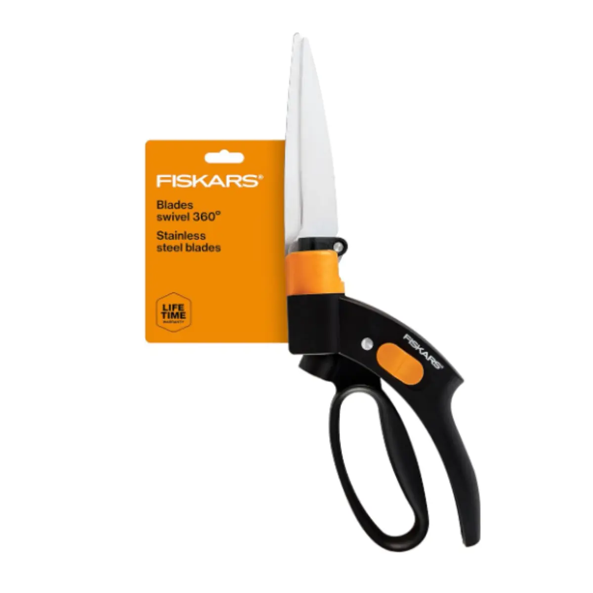 Fiskars Shear Ease Grass Shears - 5" Stainless Steel Blades - 360-Degree Swivel Blade Plant Cutting Scissors - Garden Shears and Grass Cutter, Black