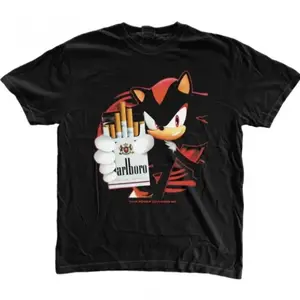 Shadow the Hedgehog Marlboro Parody Graphic T-Shirt, Retro Sonic Anime Game Tee, Vintage Washed Unisex Cotton Streetwear Top, Funny Black Crew Neck Shirt for Fans, Daily Wear & Casual Gatherings