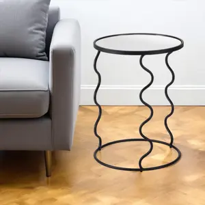 360 stand 24 in. Black Mirrored Glass & Steel Round Abstract End Table, Modern Black Nightstand for Indoor Living Spaces