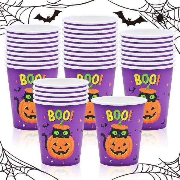 36 Pack Halloween Paper Cups 9 OZ, Purple BOO Cups, Black Cat & Pumpkin Design, Disposable Halloween Party Cups, Trick or Treat Party Supplies