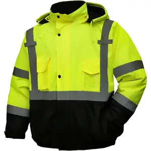 Safety jacket for men,Reflective high Visibility Hooded jacket,Hi-Vis Bomber Jacket with Pockets and Zipper,Waterproof,Black Bottom,ANSI/ISEA 107-2020 Type R Class 3,Lime