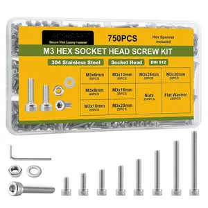 750 count M3 Screws Assortment Kit, 304 Stainless Steel 18-8 Hex Socket  Cap Screws  Nuts and Washers Set, M3 x 6/8/10/12/16/20/25/30mm, for  Printer