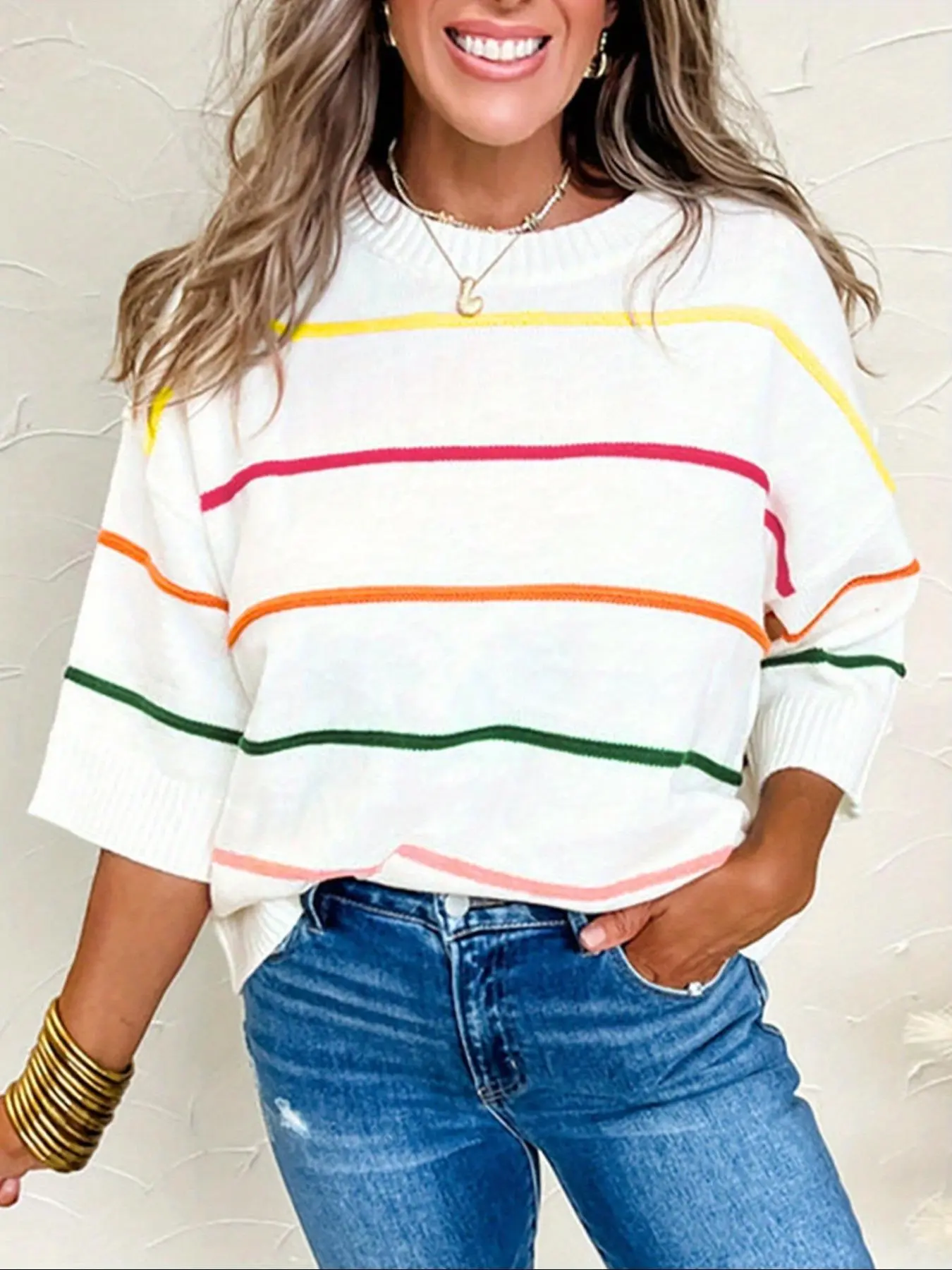 Women's Colorblock Print Crew Neck Sweater, Casual Knitted Jumper Knitting for Daily Wear, Ladies Knitwear for All Seasons, Womenswear