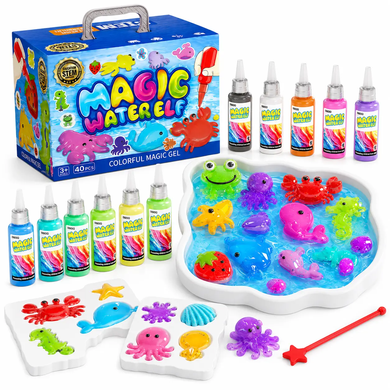 Magic Water Elf Toy Kit - Kids' Sensory DIY Craft Kit, 10 Gels, 24 Molds, Stickers Included, Party Favors & Gifts for Ages 3+