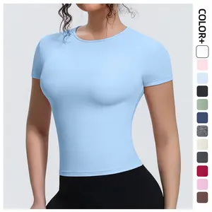 New sports top with a nude feel, waist-cinching, slim-fit, short-sleeved, breathable yoga shirt, T-shirt for running, training, and fitness for women