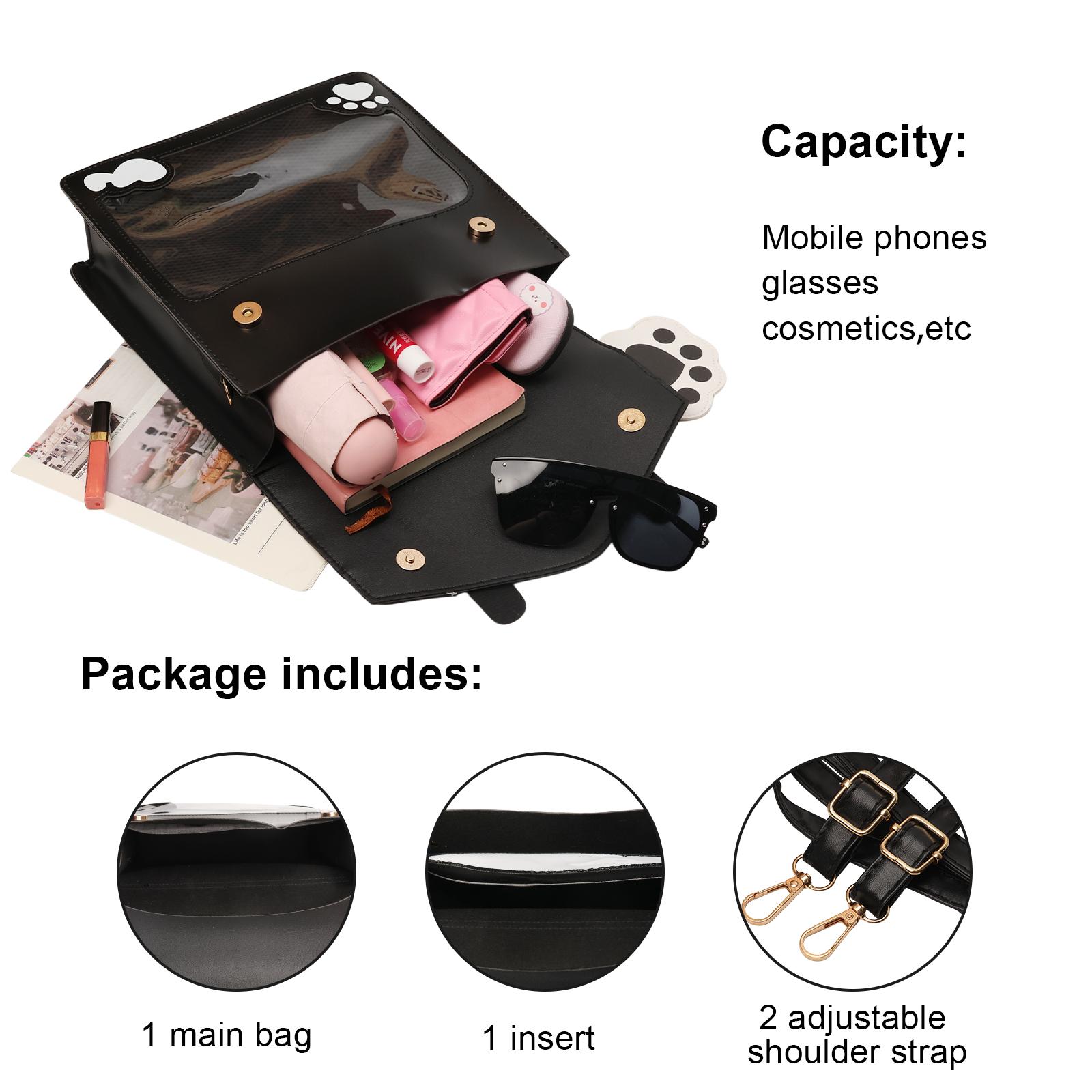 RIVERICH Kawaii Cat Paw Ita Bag - 2-Way Preppy Cambridge Style PU Leather Crossbody & Top Handle Backpack for Anime Pins, School & Daily Use | Cute Paw Charm & Star Stud Details, Adjustable Straps Stylish Multi-Way Ita Bag for Collectors