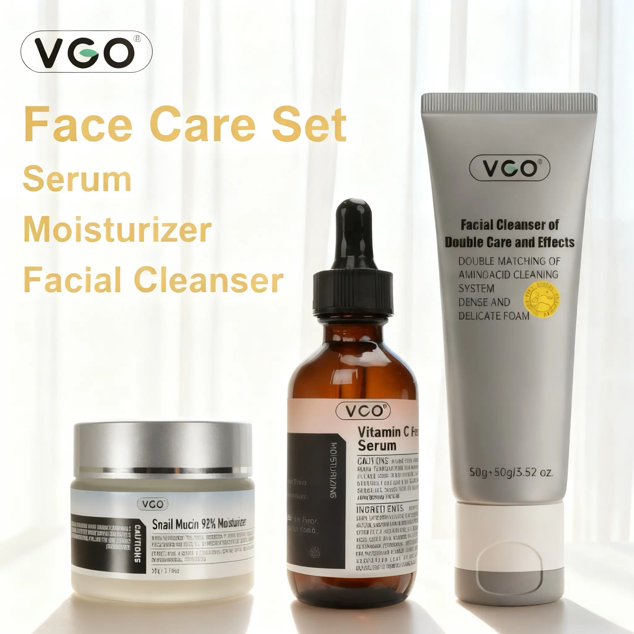 VGO Unisex Sensitive & Normal Skin Face Set - Gentle Facial Cleanser for Cleansing, Vitamin C Serum, Snail Moisturizer for Daily Routine, Hydrate & Achieve Soft Skin, Smooth Skin Routine