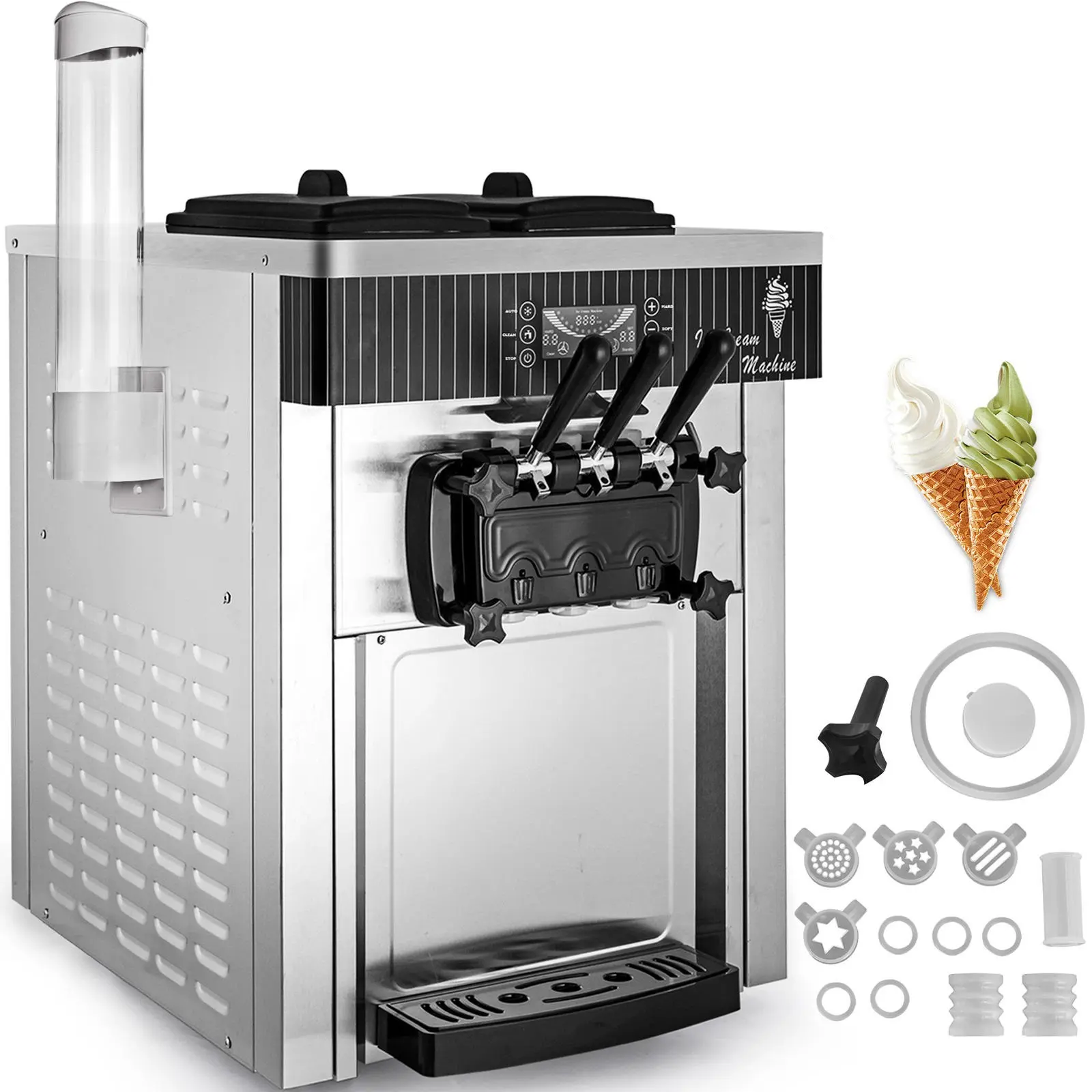 Commercial Soft Serve Ice Cream Maker for Restaurant, Cafe - 18-28L/H Output, 3-Flavor & Nozzle Options, 3 Handles, 304 Stainless Steel, 1-Touch Clean, Joint-Free Welds, Glass View Refills, Commercial Kitchen Appliance