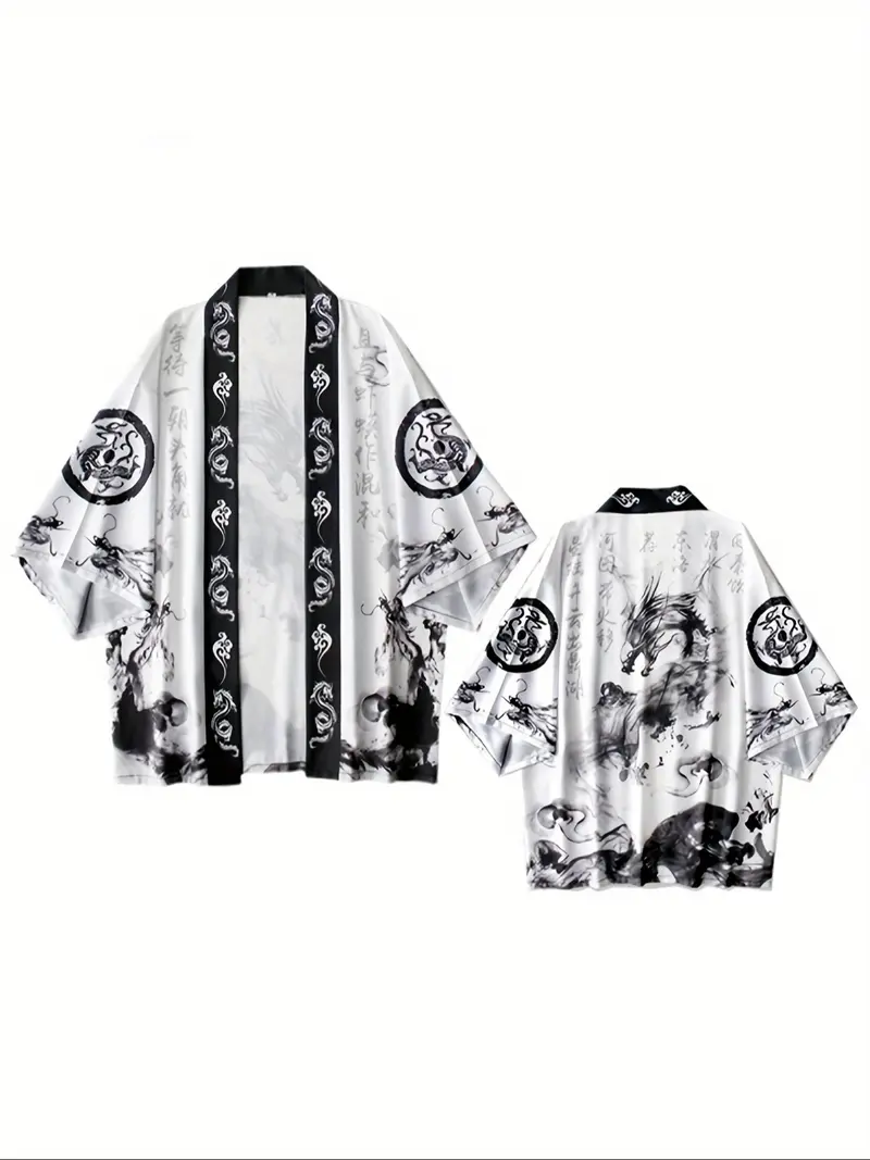 Men's Hanfu Open Front Cardigan, Loose Fit Lightweight Breathable Kimono Style Shirt, Japanese Dragon Print Streetwear Casual Wear