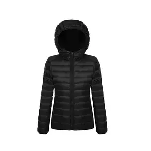 HOT Women's Packable Down Jacket Lightweight Puffer Jacket Hooded Winter Coat Black Cotton Slim-fitting Plain
