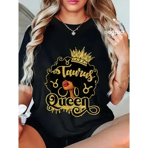 Women's 100% Cotton Fitted Short-Sleeve Round Neck Casual Lady Taurus Zodiac Black Afro Queen Birthday Sports Top