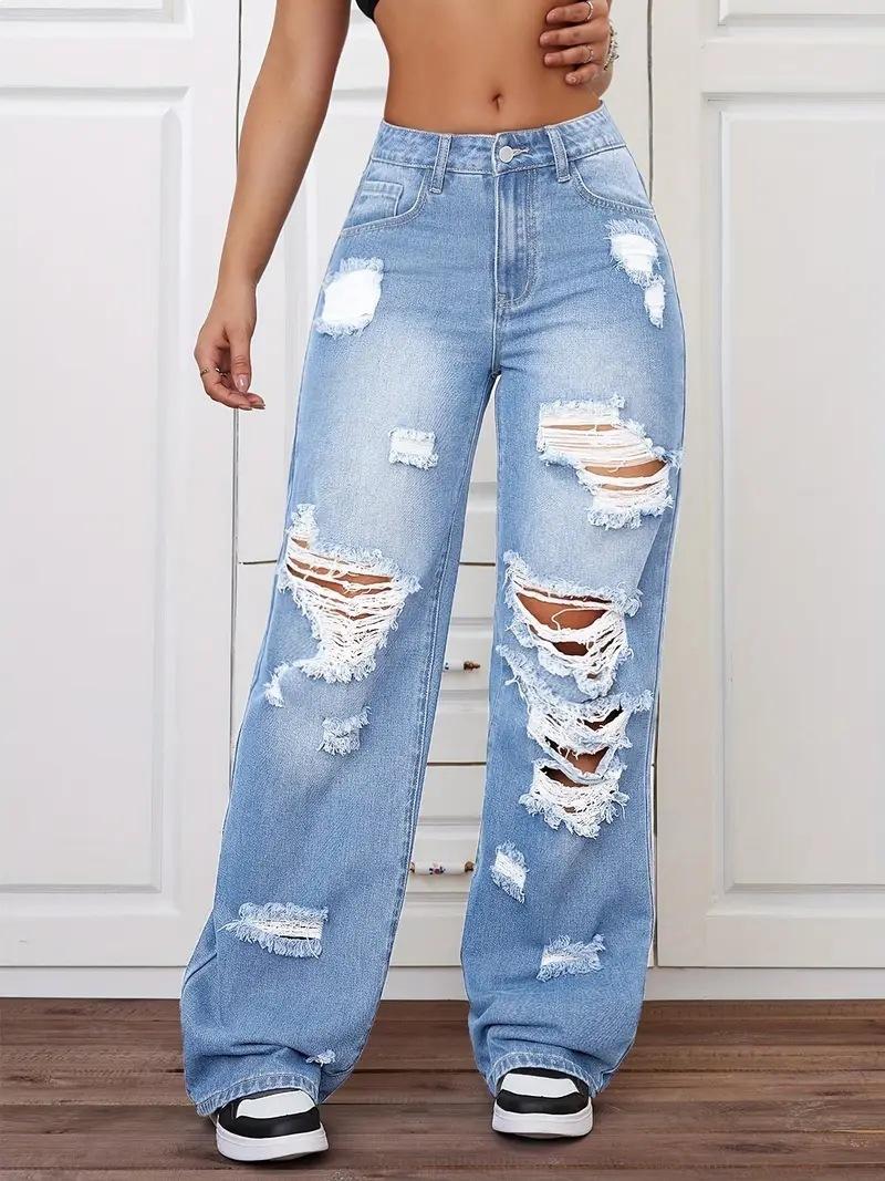 Ripped jeans, washed high-waisted straight-leg versatile loose denim pants for women, fashion wide leg