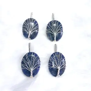 Sodalite Oval Tree of Life Wire Wrapped Crystal Pendant - Healing Crystal Necklace