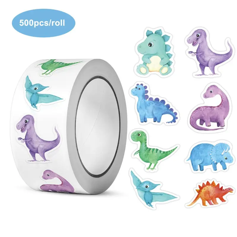 Cartoon Dinosaur Pattern Sticker (500pcs/roll), Self Adhesive Decor Sticker for Gift Greeting Card Water Bottle Laptop Phone Case