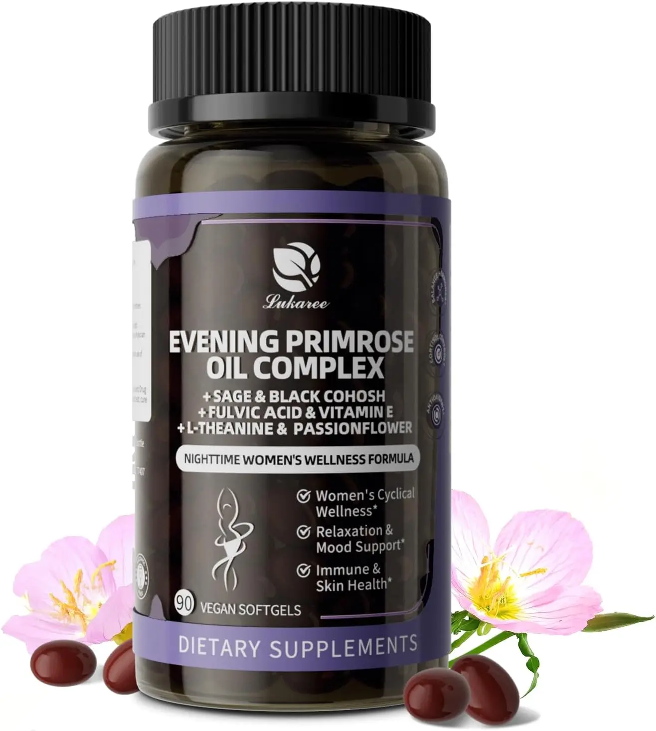 Lukaree Evening Primrose Oil 1000mg - Hormone Balance for Women & Mood | Primrose Oil Capsules Cold-Pressed w/10% GLA, Essential Fatty Acids, L-Theanine for Mood, Skin & Immune, 90 Softgels