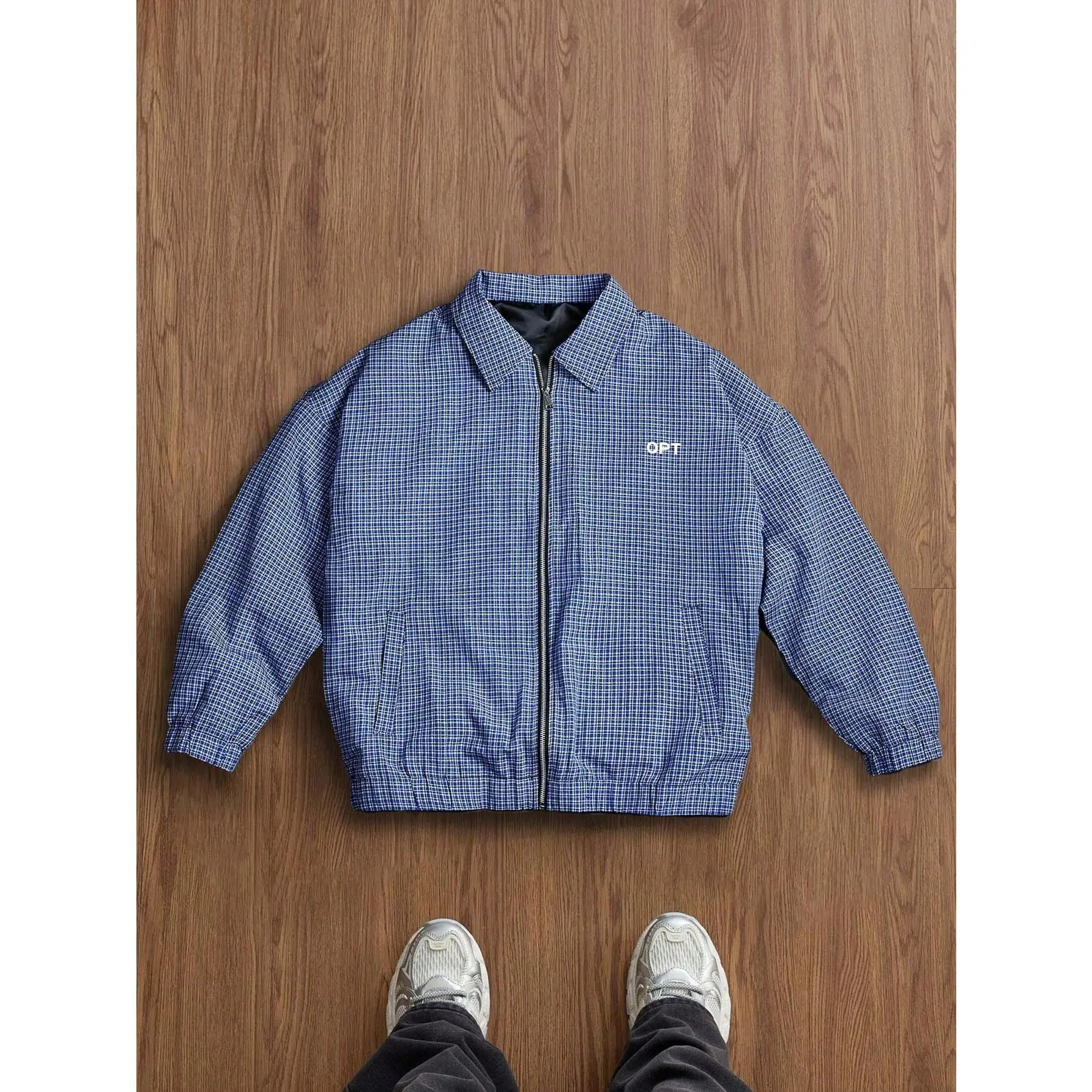 Preppy Blue Gingham Coach Jacket | Retro 90s Oversized Zip-Up 