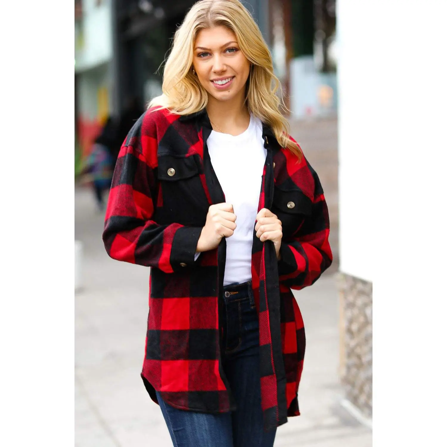Holiday Red Flannel Plaid Button Down Shacket