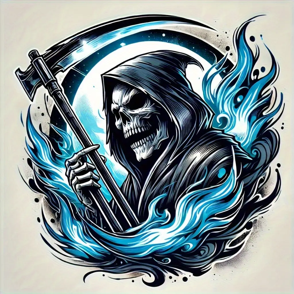 1PC "Blue Flame Reaper Minimalist Dark Sticker (Blue flame skull element + car door/laptop fit) Minimalist sticker Adds sleek dark feel For minimal style fans Skull Decal"