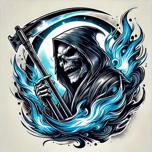 1PC "Blue Flame Reaper Minimalist Dark Sticker (Blue flame skull element + car door/laptop fit) Minimalist sticker Adds sleek dark feel For minimal style fans"