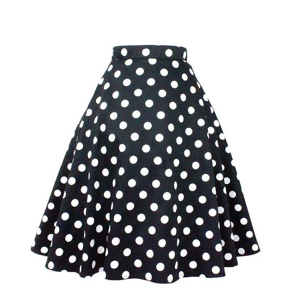 Women's Pinup Rockabilly High-Waisted Polka Dot Circle Skirt - Stretch Cotton-Spandex Fabric, Multi-Size (2X,3X) Stretch Fit, Elegant Basic Bottoms with Pockets, Flowing Hem, Perfect Length, Expandable