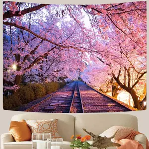Sakura Railway Tapestry Pink Japanese Cherry Blossoms Tapestries Nature Tree Wall Tapestry Spring Sunset Landscape Tapestry Aesthetic Art Large Size 118x78Inch for Living Room Bedroom