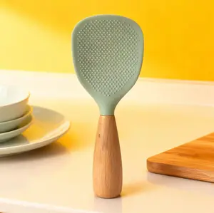Silicone Spoon with Wooden Handle, Heat-Insulation & Heat-Resistant Spoon for Rice Cooker, Practical Kitchen Tool for Home & Restaurant, Kitchen Cooking Accessories
