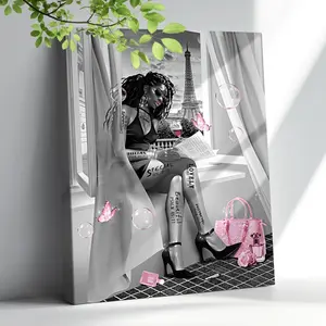 African American Wall Art Grey and Pink Bathroom Wall Decor Fashion Black Girl Wall Art Afro Woman Canvas Prints Framed Artwork Modern Black Girl Wall Decor for Living Room Bathroom 12"x16"