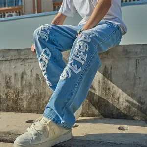 Men Stylish Letter Embroidery Loose Straight Jeans Pants High Quality Men Streetwear Solid Casual Denim Trousers