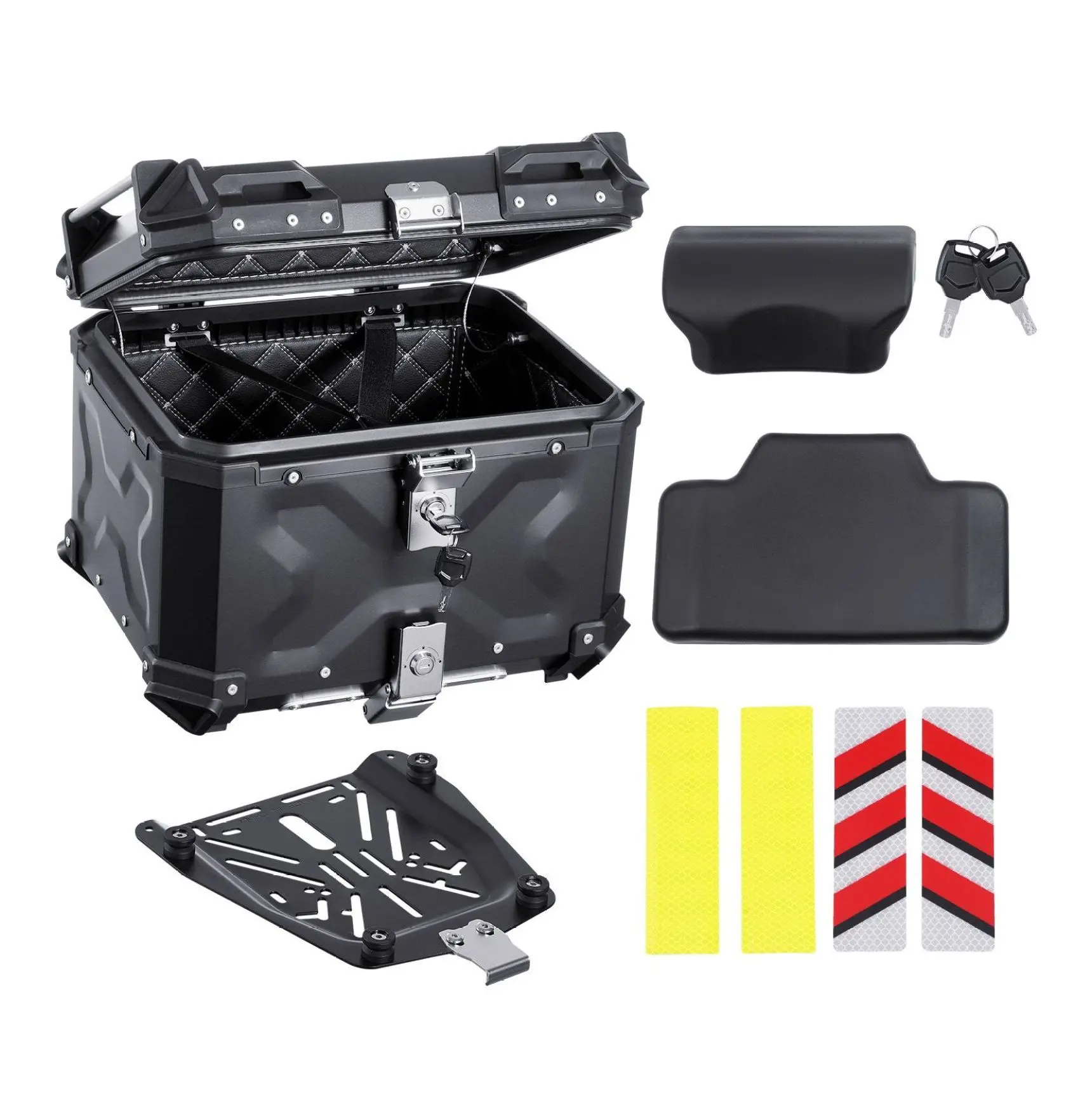 Motorcycle Top Case 55L, Aluminum Alloy Motorbike Tail Box with Lock & Cushion 55 L Black