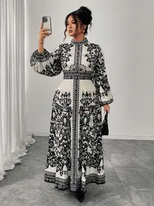 Fashion Ethnic Print Elegant Quality Pleated Plus Size Long Sleeve Dress, Stylish Women's Clothing, Perfect for Casual & Formal Occasions