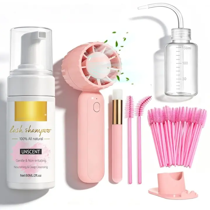 Eyelash Extension Cleanser Lash Mousse Lash Shampoo for Extensions, USB Mini Portable Fan Rechargeable Electric Handheld Air Conditioning (lash kit-handheld fan)