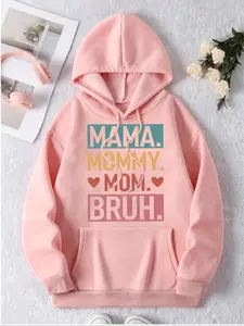 Women's Letter & Heart Print Drop Shoulder Hoodie, Fashion Casual Drawstring Pocket Hooded Sweatshirt for Daily Holiday Outdoor Wear, Women Clothing for Fall & Winter