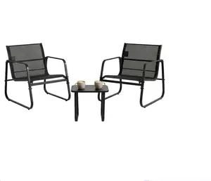 3 Piece Patio Furniture Set for Indoor & Outdoor, Modern Conversation Set with Coffee Table, Steel Frame Textilene Chairs for Balcony, Backyard, Garden, Poolside or Living Room – Light Gray/Black