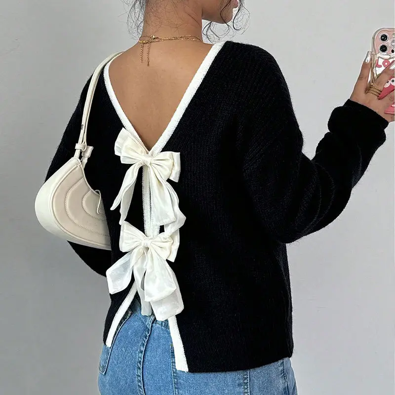 2025 Women’s Round Neck Sweater, Bow Back Decoration Autumn Winter Fashion