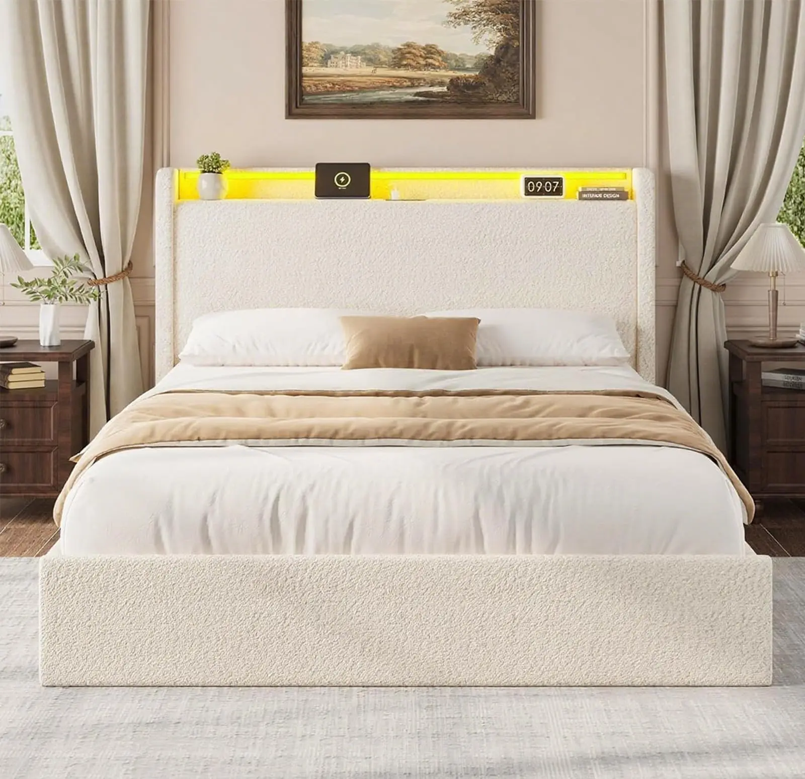 GARVEE Beige Boucle Upholstered Full Size Bed Frame - Storage Headboard, Charging Station, LED Lights, 4 Storage Drawers, No Box Spring Needed, Noise-Free, Upholstered Bed Frame